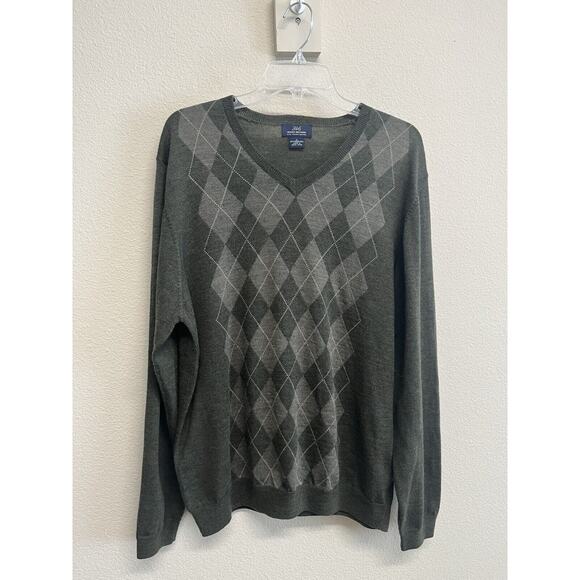 Brooks Brothers Sweater Men's Size L 100% Merino Wool Olive Green Argyle V-Neck - Picture 2 of 10